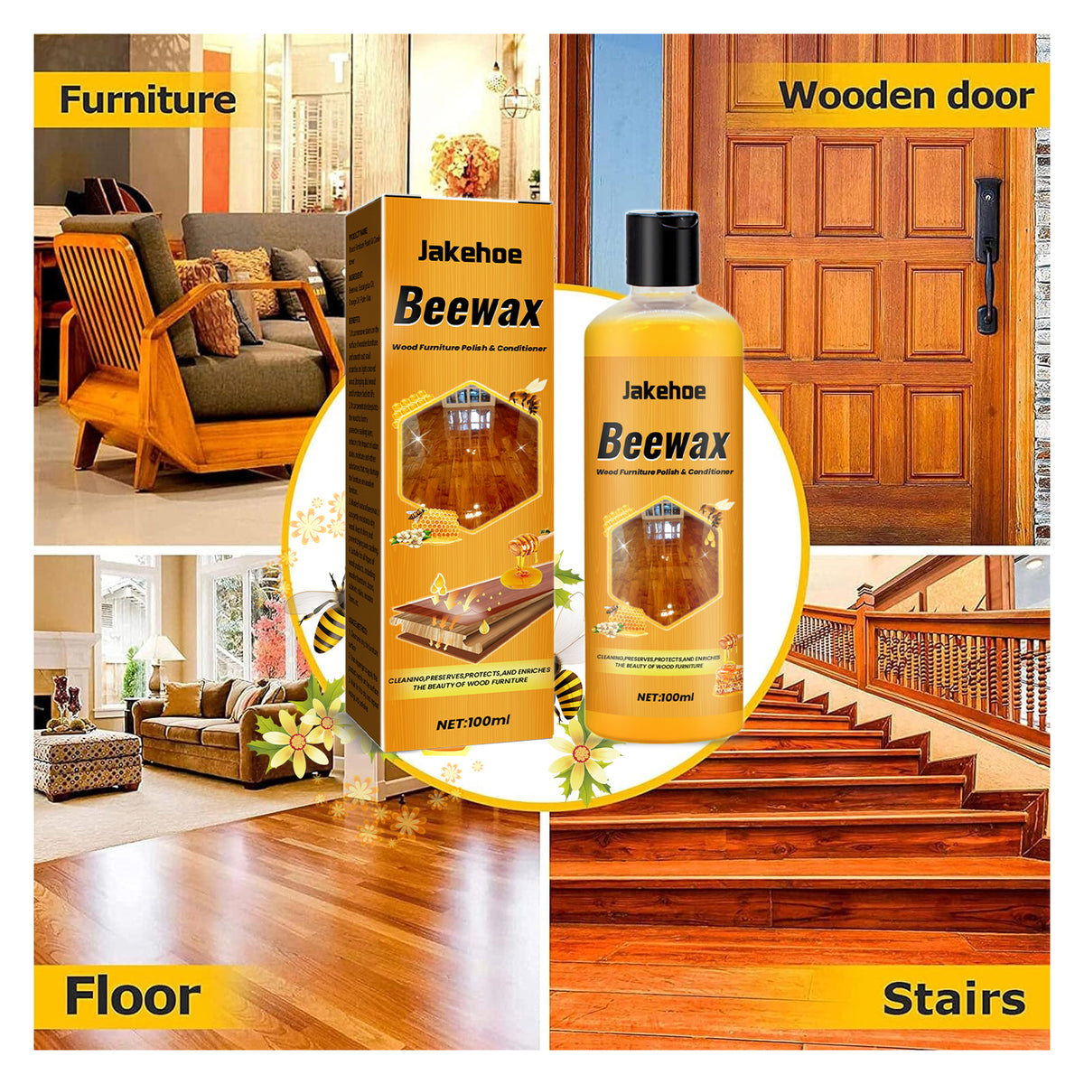 Beeswax Wood Polish for Dull Furniture Care, Non-greasy Wood Cleaner & Shine Enhancer