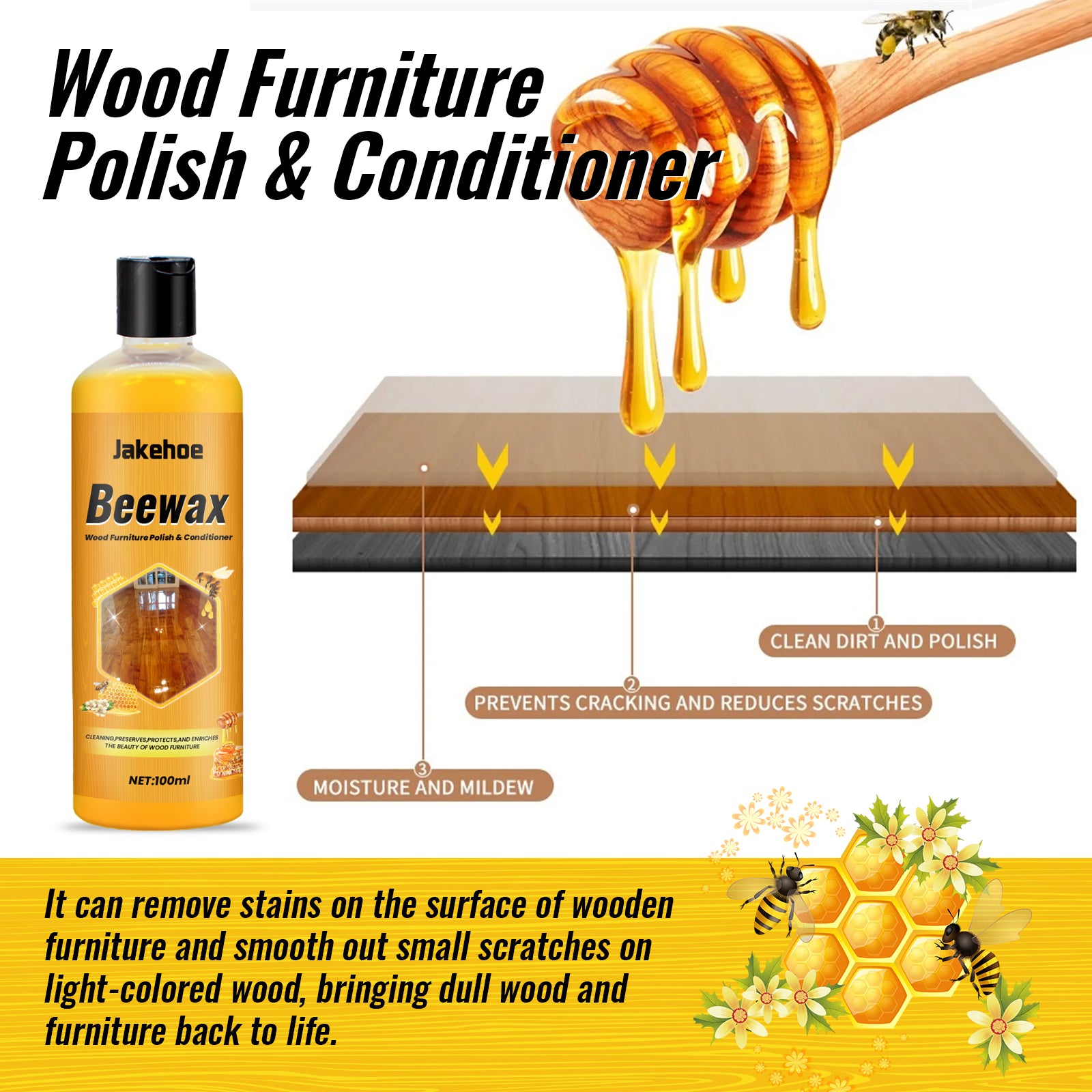 Beeswax Wood Polish for Dull Furniture Care, Non-greasy Wood Cleaner & Shine Enhancer