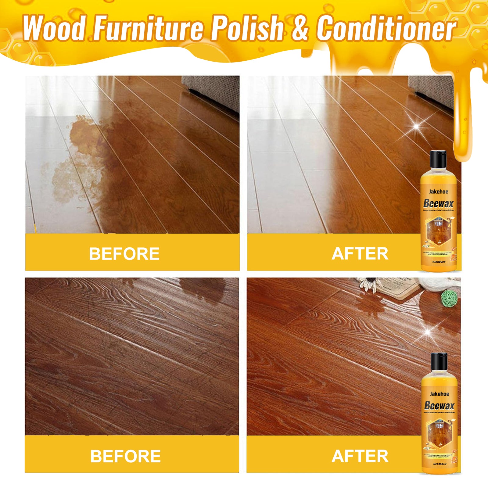 Beeswax Wood Polish for Dull Furniture Care, Non-greasy Wood Cleaner & Shine Enhancer